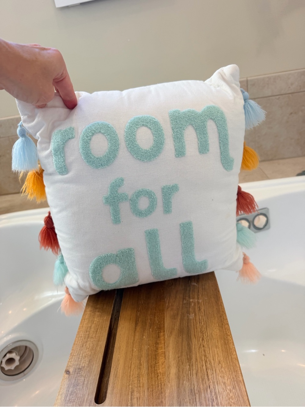 Room For All White Decorative Throw Pillow with Mint Text and Tassels